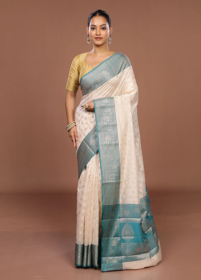 Cream Kora Silk Saree With Blouse Piece - Image 2
