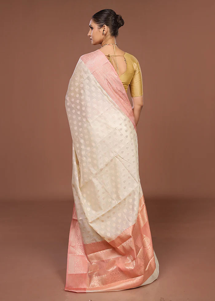 Cream Kora Silk Saree With Blouse Piece - Image 3