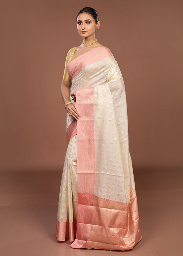 Cream Kora Silk Saree With Blouse Piece - Image 4