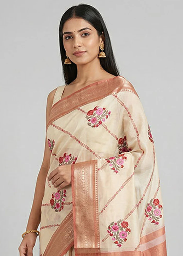 Cream Kora Silk Saree With Blouse Piece - Image 2