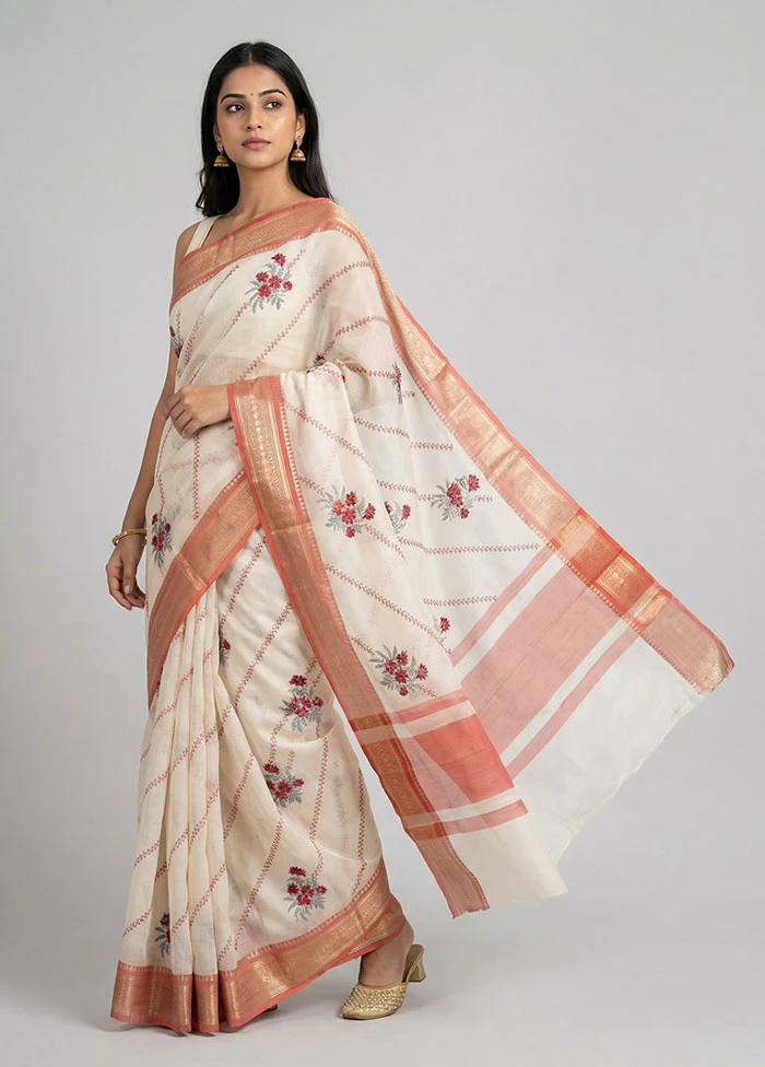 Cream Kora Silk Saree With Blouse Piece
