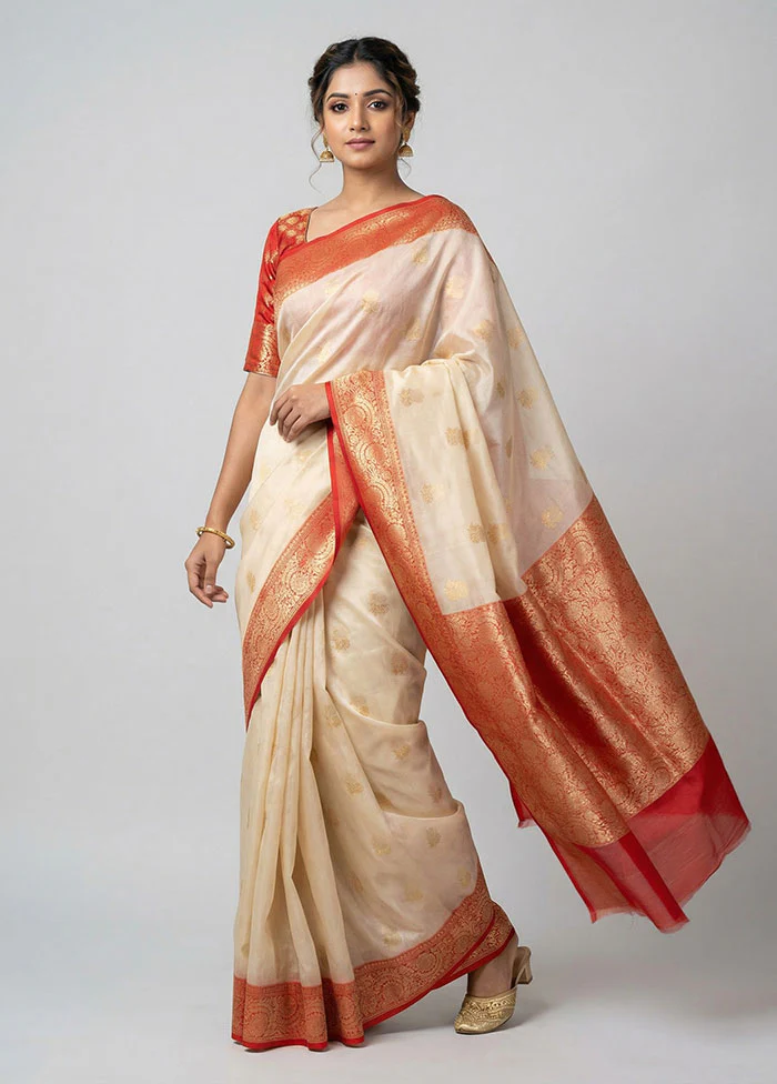 Cream Kora Silk Saree With Blouse Piece