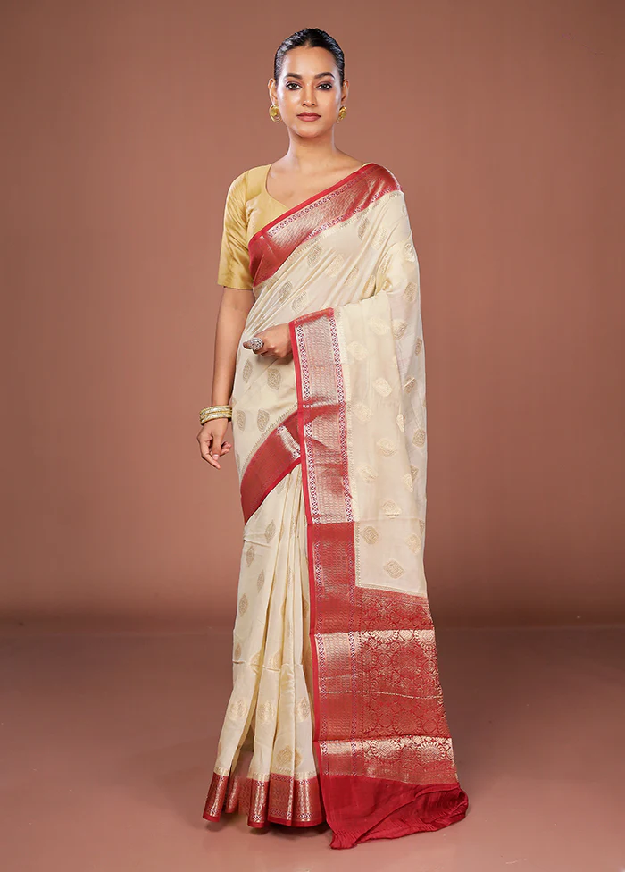 Cream Kora Silk Saree With Blouse Piece - Image 2
