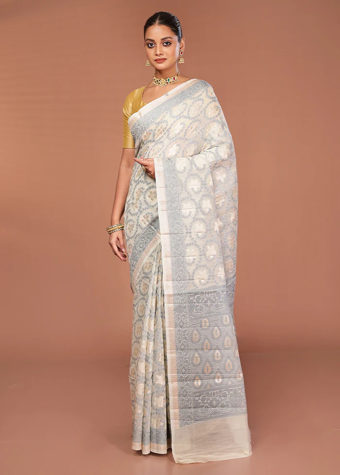Cream Kora Silk Saree With Blouse Piece - Image 2