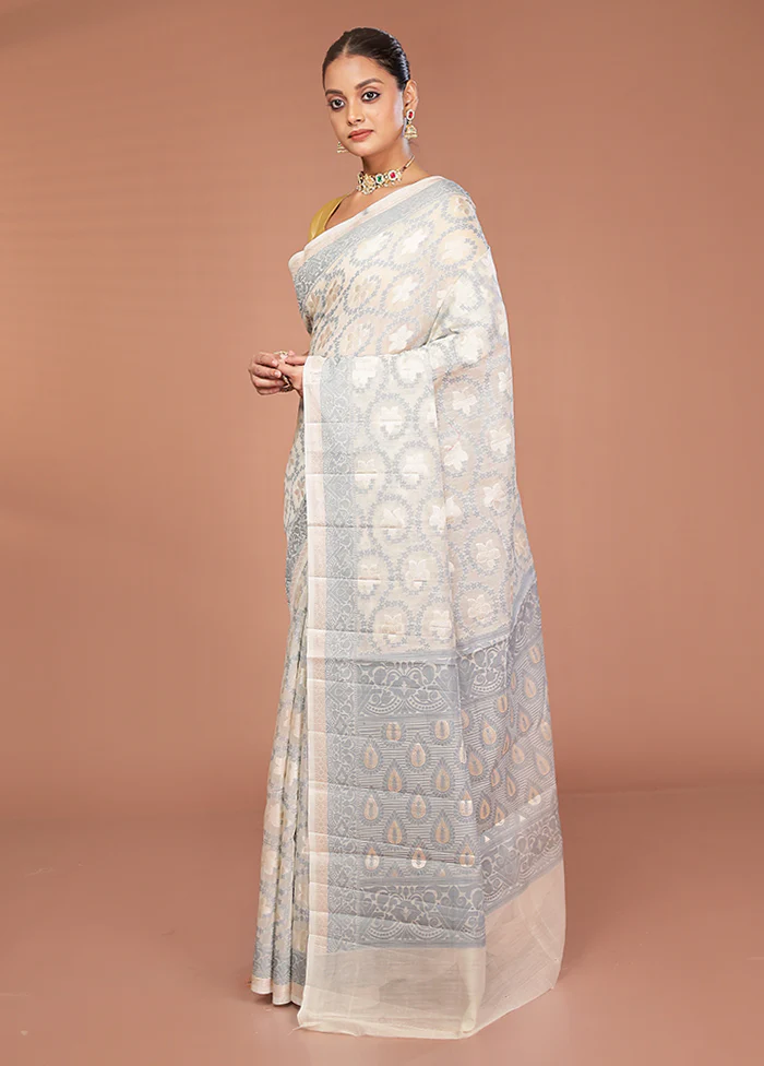 Cream Kora Silk Saree With Blouse Piece - Image 4