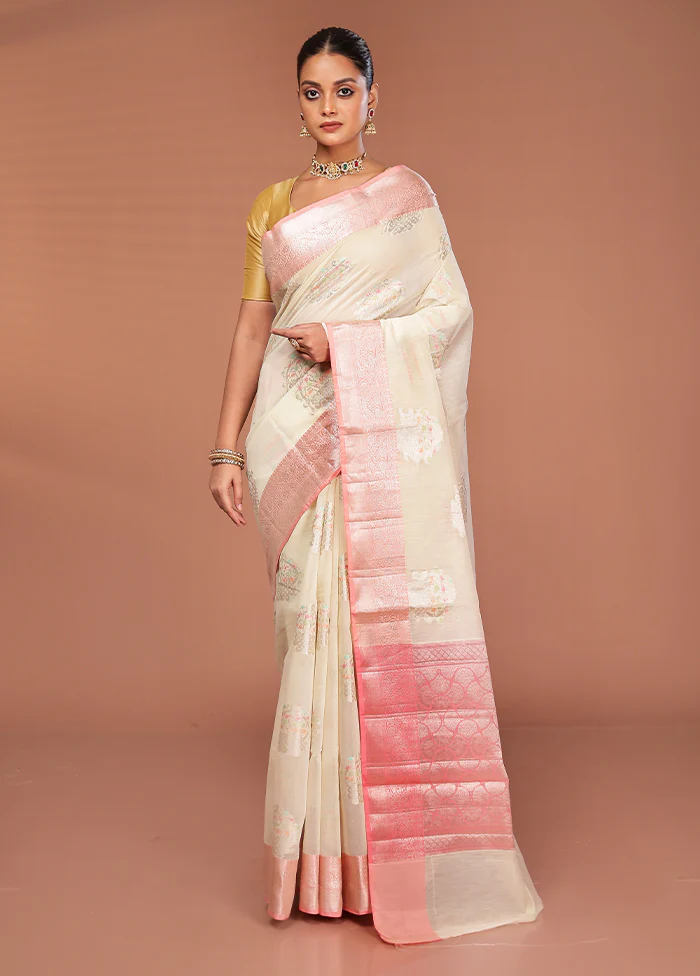 Cream Kora Silk Saree With Blouse Piece - Image 2
