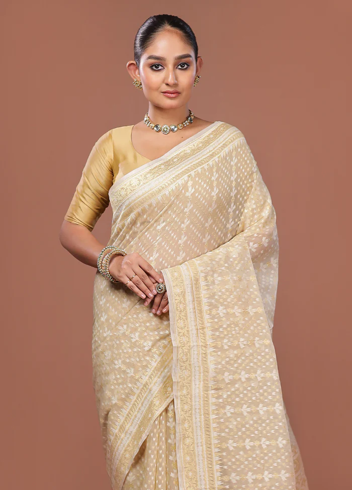 Cream Kora Silk Saree With Blouse Piece
