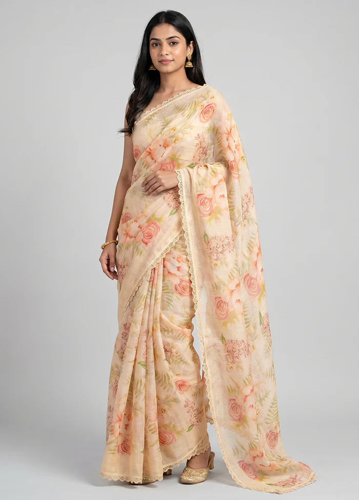 Cream Linen Silk Saree With Blouse Piece