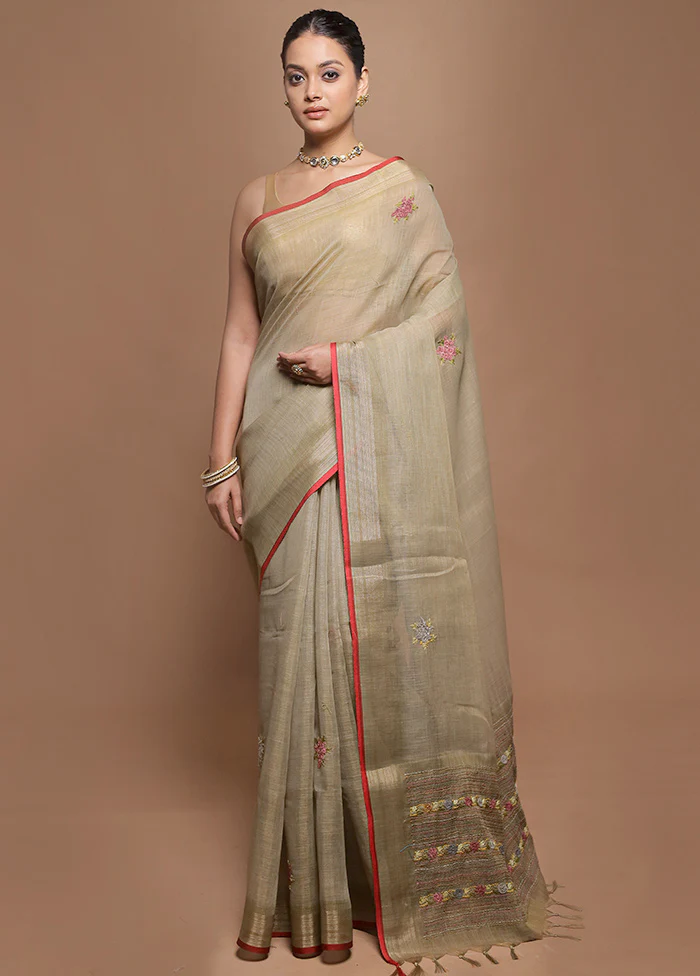 Cream Linen Silk Saree With Blouse Piece