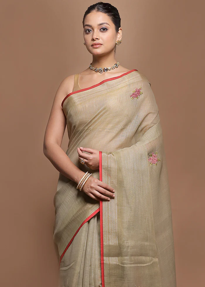 Cream Linen Silk Saree With Blouse Piece - Image 2