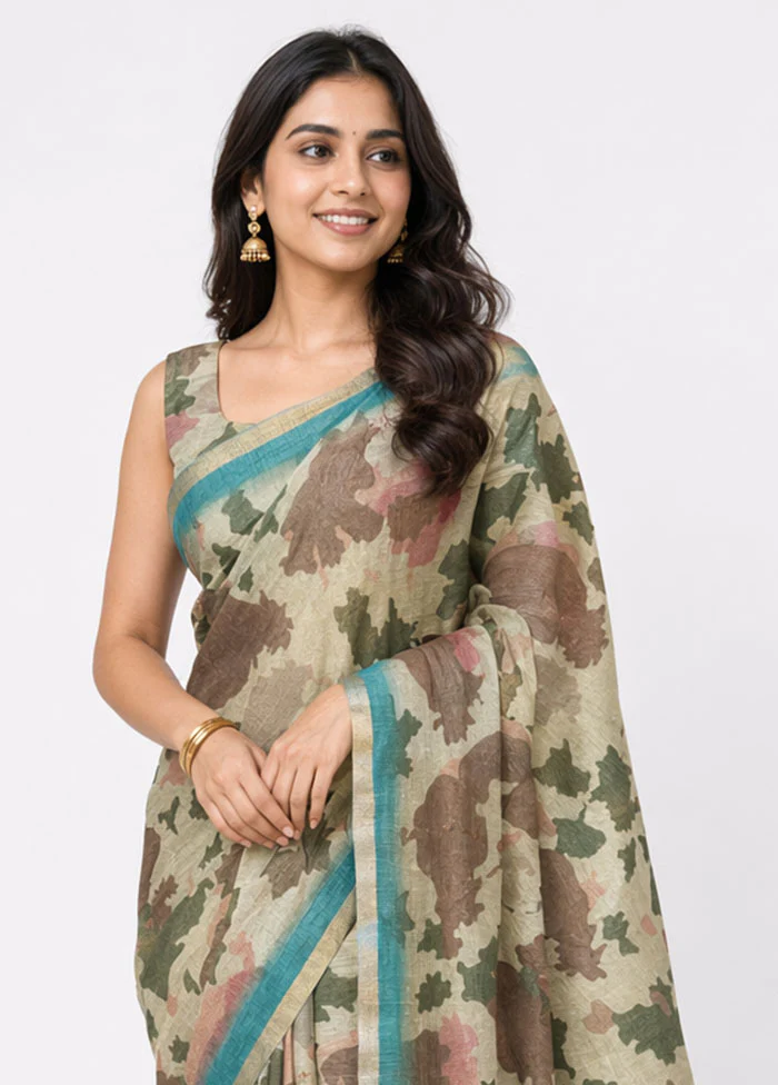Cream Linen Silk Saree With Blouse Piece - Image 2
