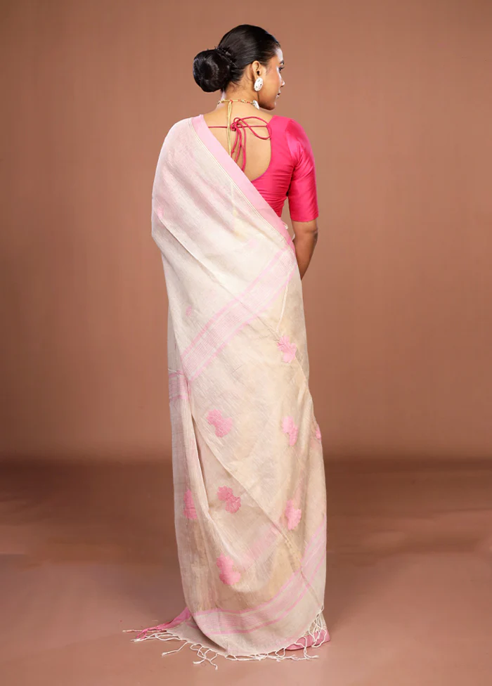 Cream Linen Silk Saree With Blouse Piece - Image 3