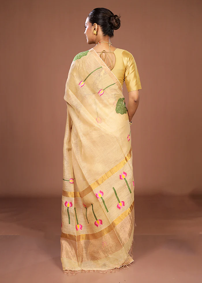 Cream Linen Silk Saree With Blouse Piece - Image 3