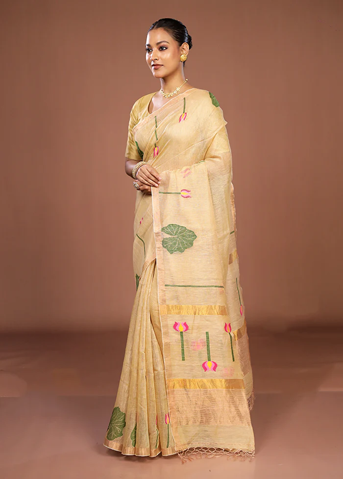 Cream Linen Silk Saree With Blouse Piece - Image 4