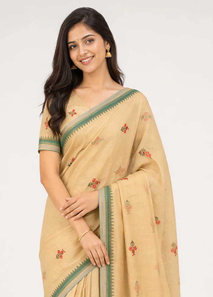 Cream Linen Silk Saree With Blouse Piece - Image 2