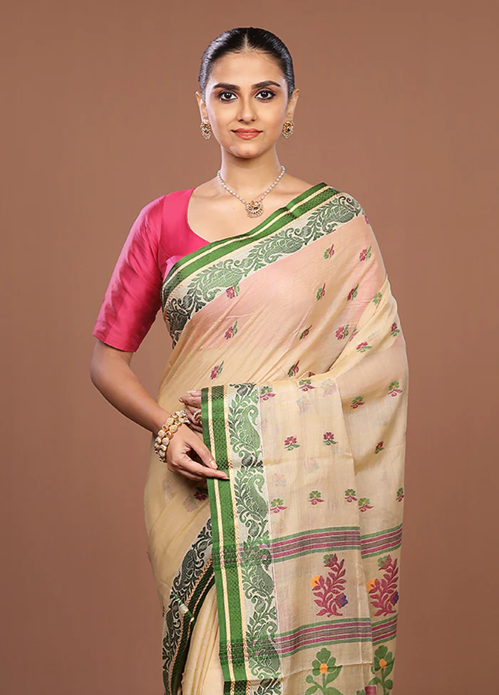 Cream Matka Silk Saree With Blouse Piece
