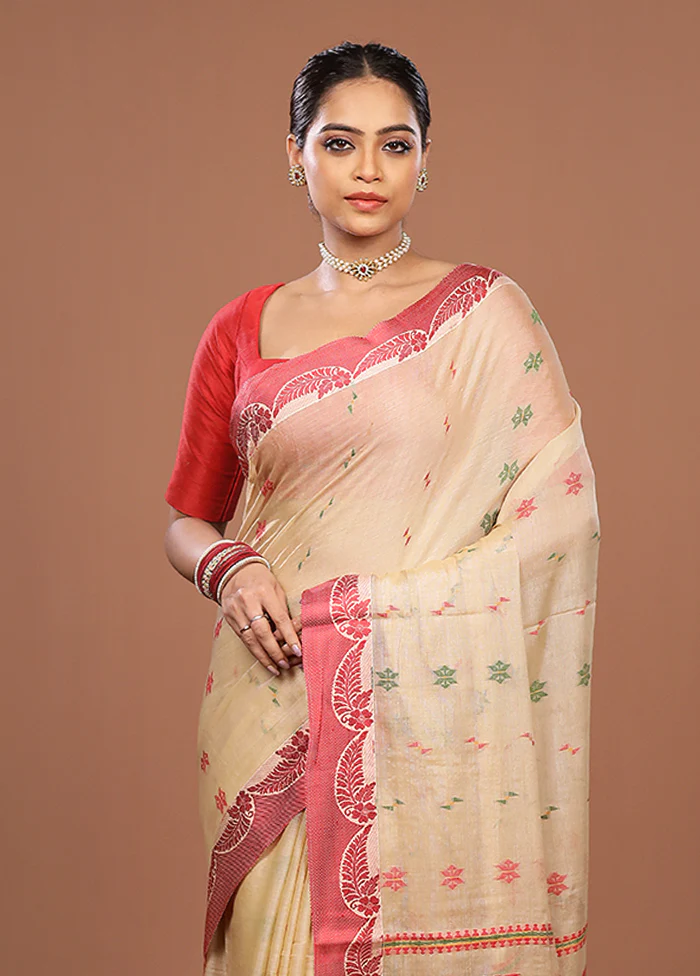 Cream Matka Silk Saree With Blouse Piece