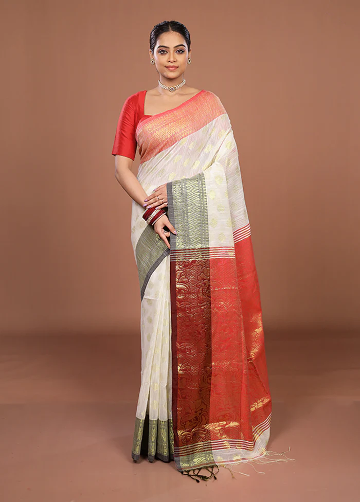 Cream Matka Silk Saree With Blouse Piece - Image 2