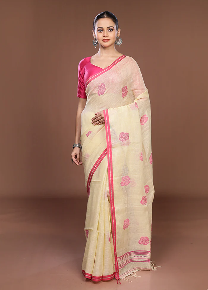 Cream Matka Silk Saree With Blouse Piece - Image 2