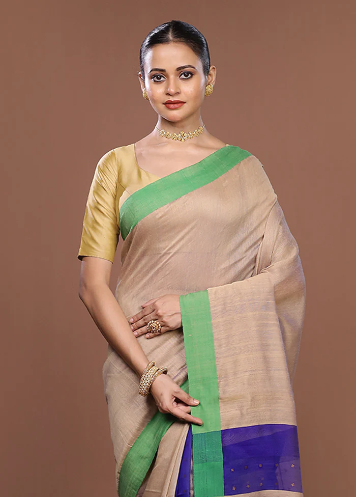 Cream Matka Silk Saree With Blouse Piece