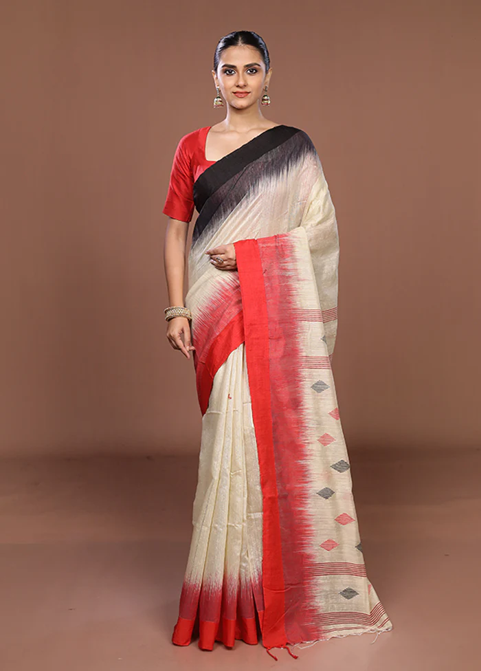 Cream Matka Silk Saree With Blouse Piece - Image 2