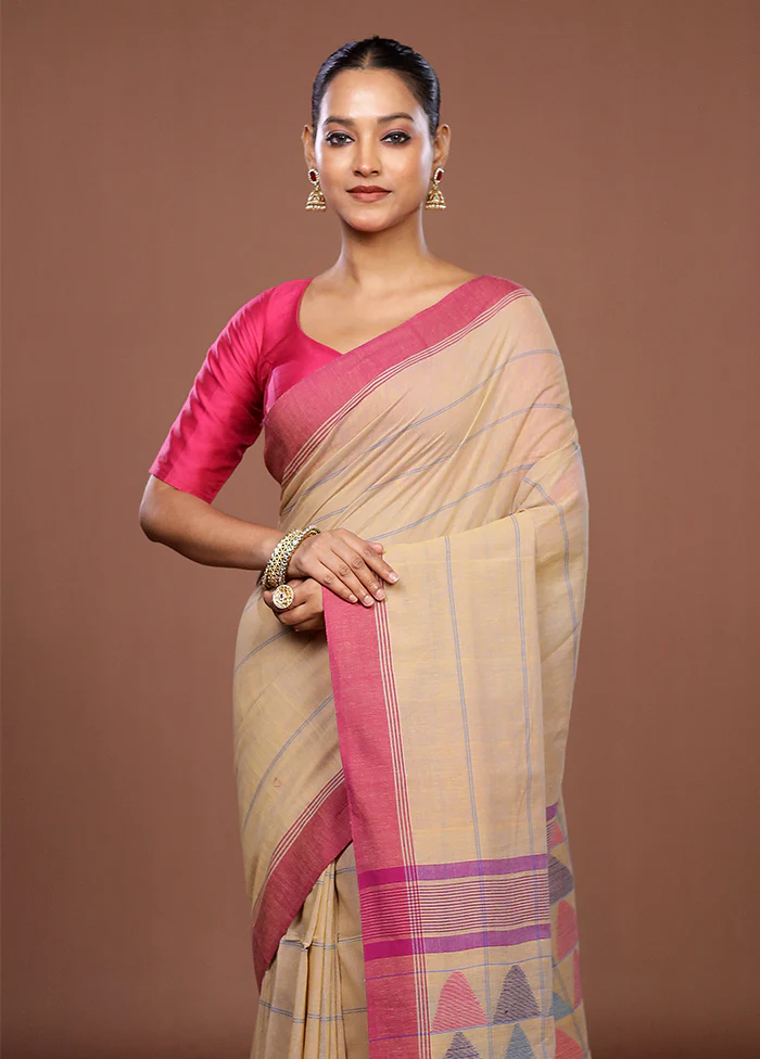 Cream Matka Silk Saree With Blouse Piece