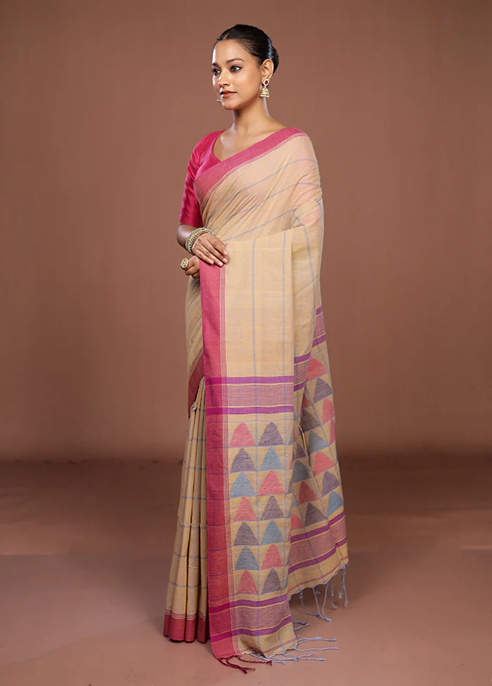 Cream Matka Silk Saree With Blouse Piece - Image 4