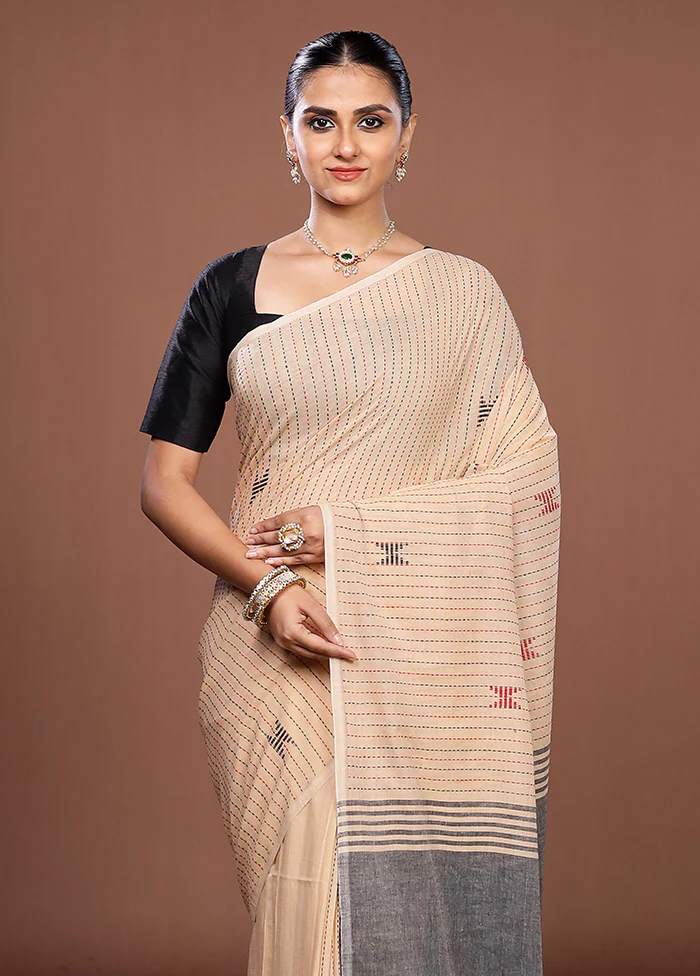 Cream Matka Silk Saree With Blouse Piece