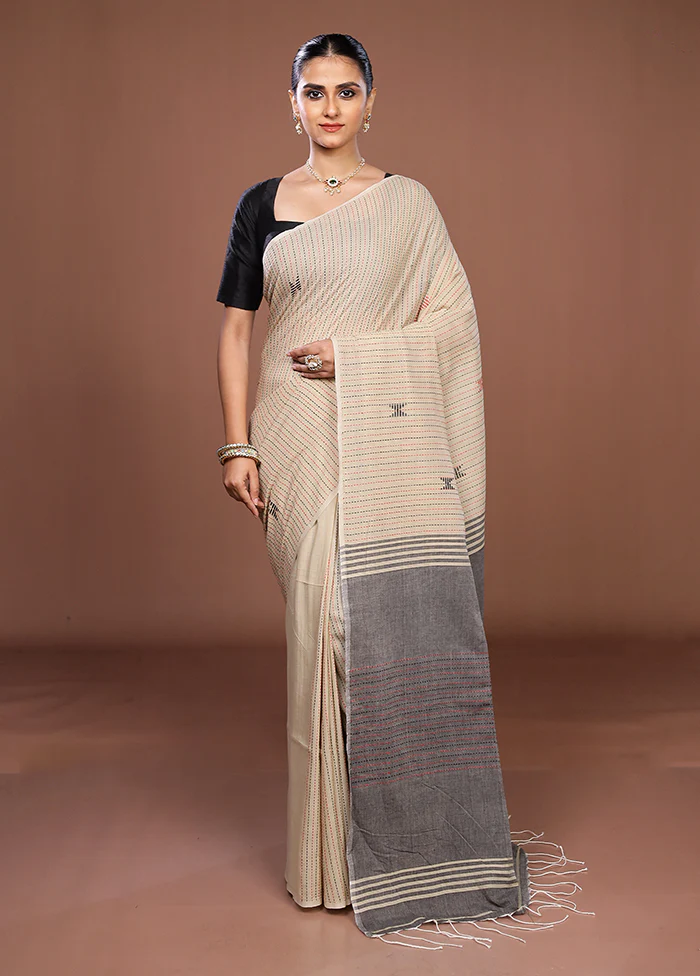 Cream Matka Silk Saree With Blouse Piece - Image 2