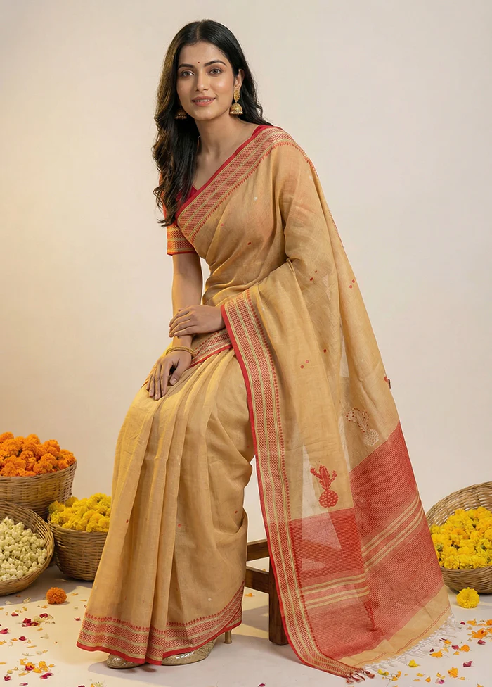 Cream Matka Silk Saree With Blouse Piece - Image 3
