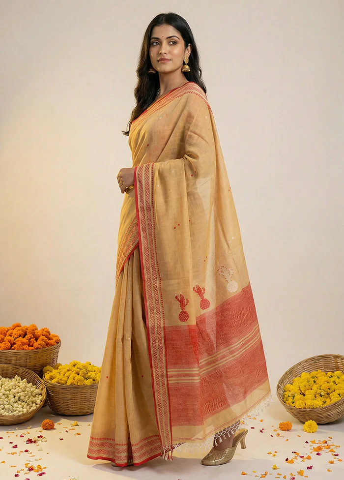 Cream Matka Silk Saree With Blouse Piece - Image 4
