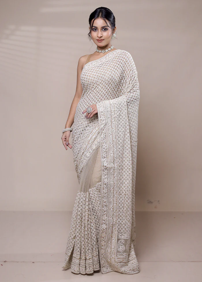 Cream Net Saree With Blouse Piece - Image 2