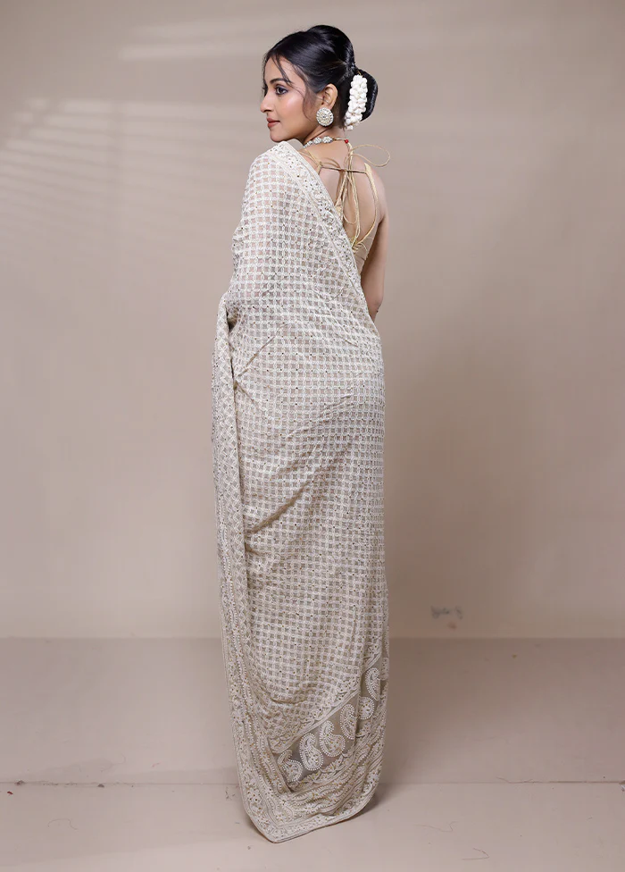 Cream Net Saree With Blouse Piece - Image 3