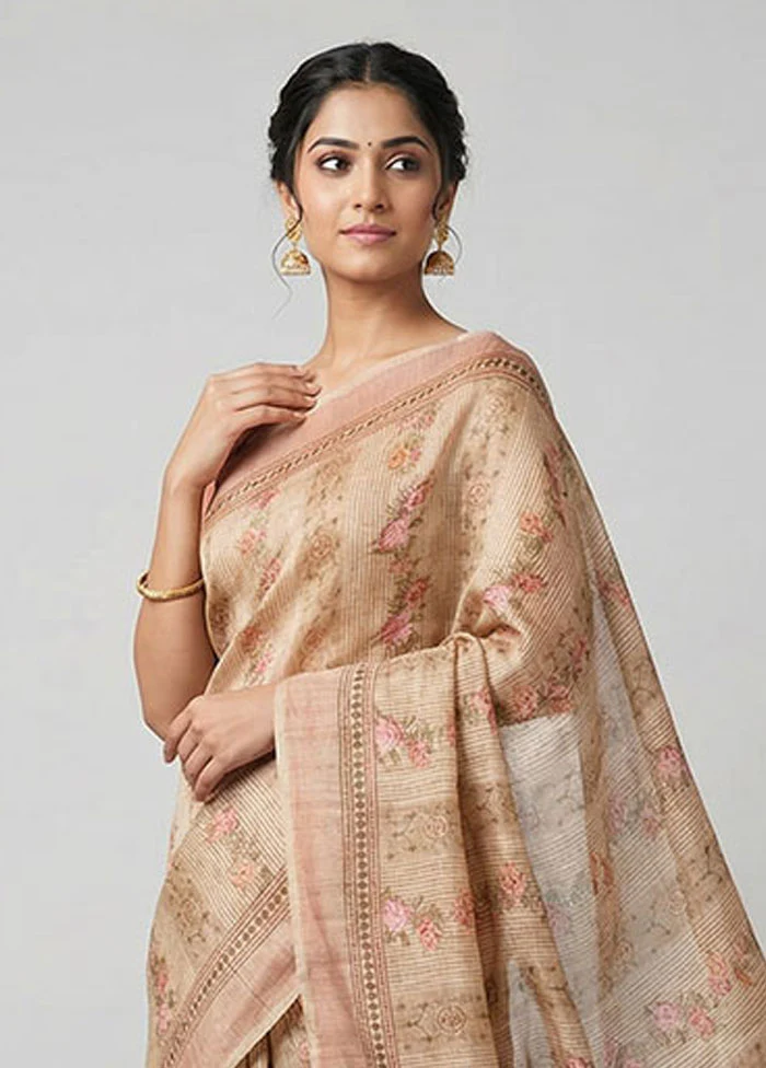 Cream Organza Saree With Blouse Piece - Image 2