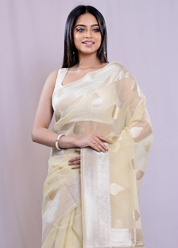 Cream Organza Saree With Blouse Piece