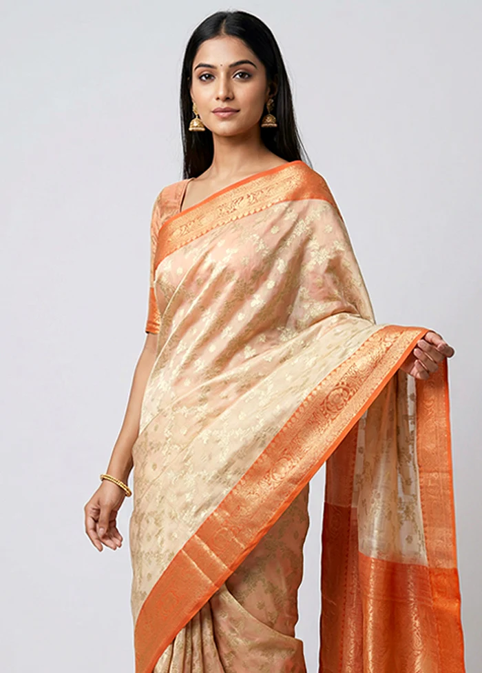 Cream Organza Saree With Blouse Piece - Image 2