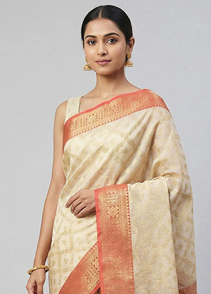 Cream Organza Saree With Blouse Piece - Image 2