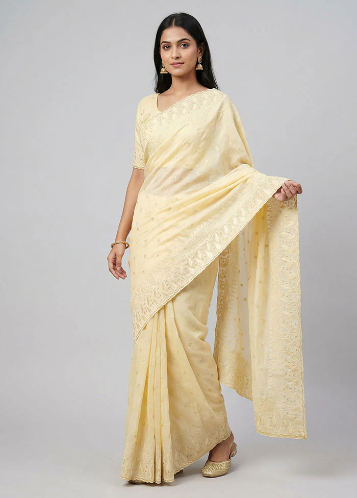 Cream Organza Saree With Blouse Piece