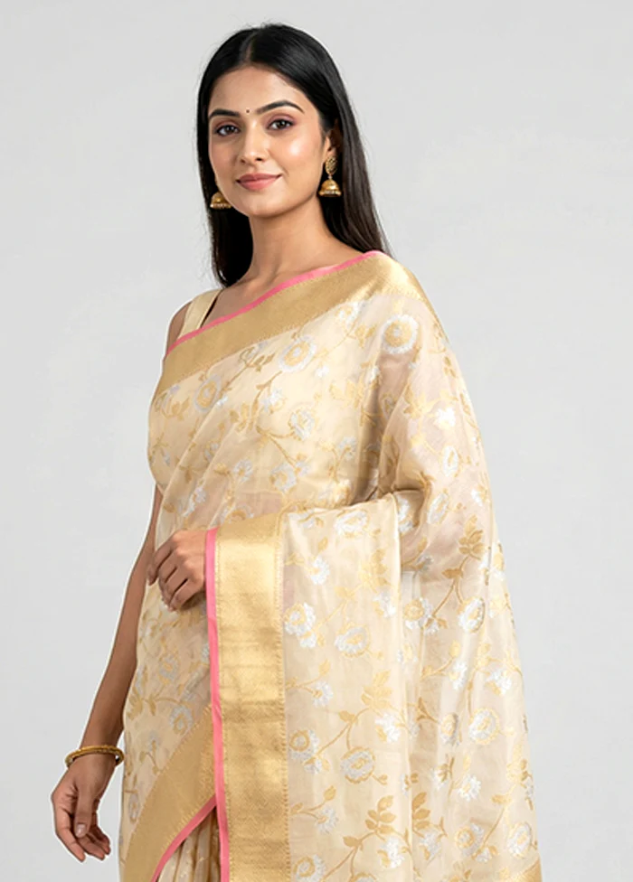 Cream Organza Saree With Blouse Piece - Image 2