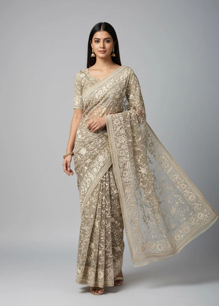 Cream Organza Saree With Blouse Piece