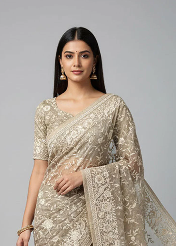 Cream Organza Saree With Blouse Piece - Image 2