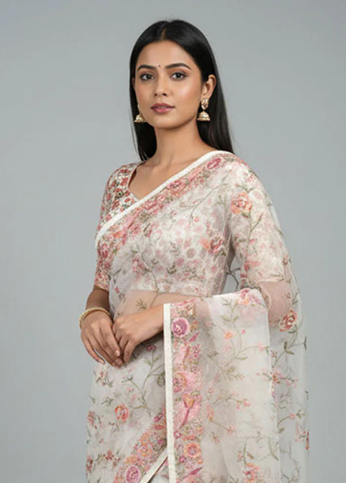 Cream Organza Saree With Blouse Piece - Image 2
