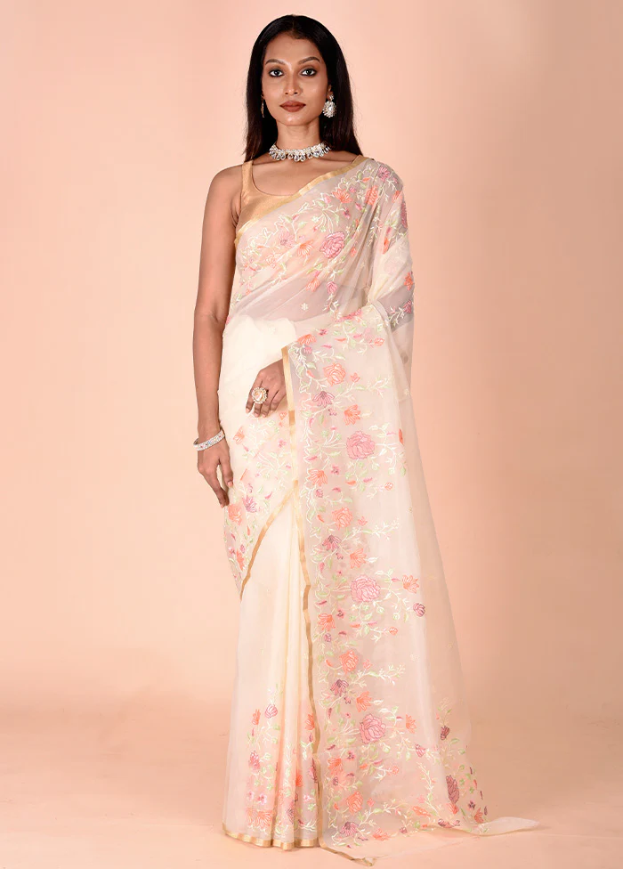 Cream Organza Saree With Blouse Piece - Image 2