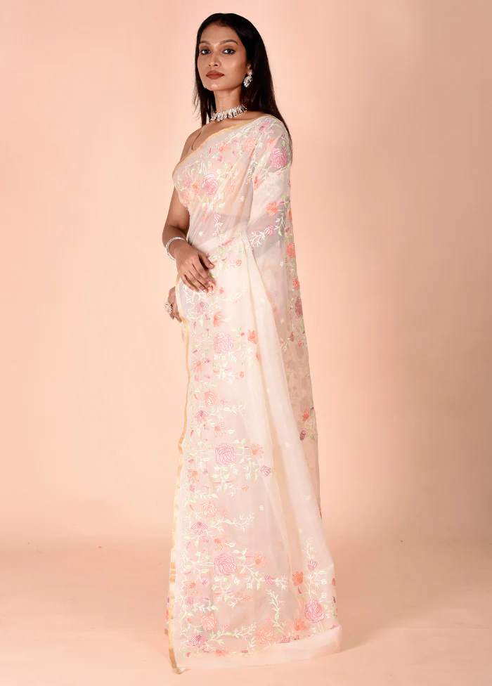 Cream Organza Saree With Blouse Piece - Image 4