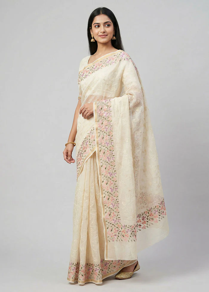 Cream Organza Saree With Blouse Piece