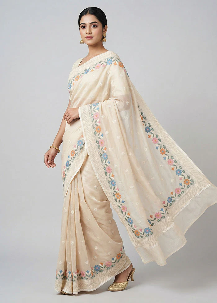 Cream Organza Saree With Blouse Piece