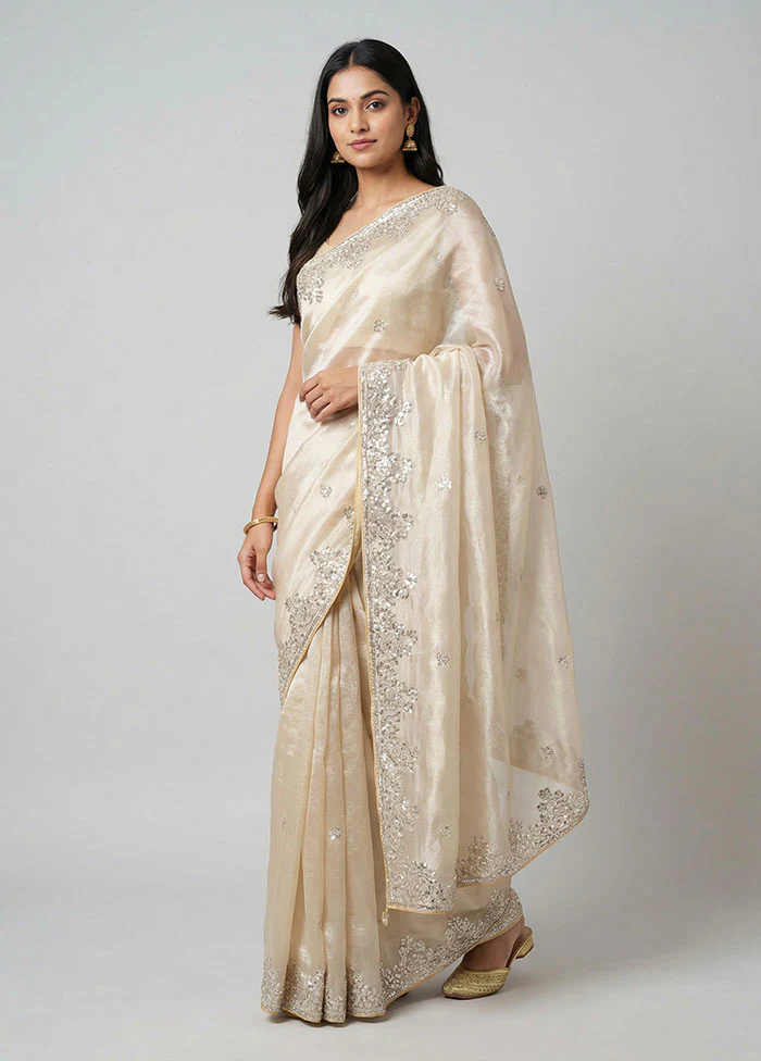 Cream Organza Saree With Blouse Piece