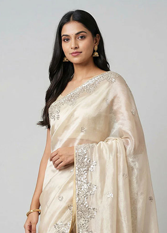 Cream Organza Saree With Blouse Piece - Image 2