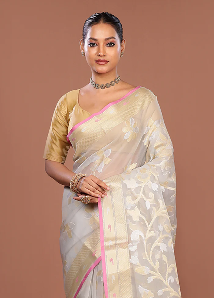 Cream Organza Saree With Blouse Piece