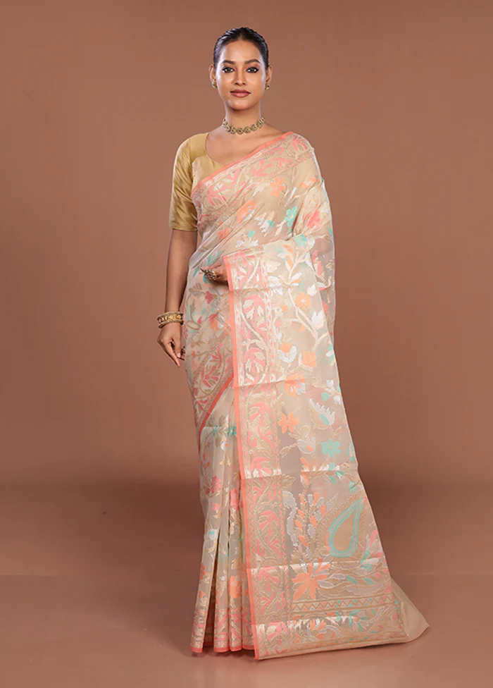Cream Organza Saree With Blouse Piece - Image 2